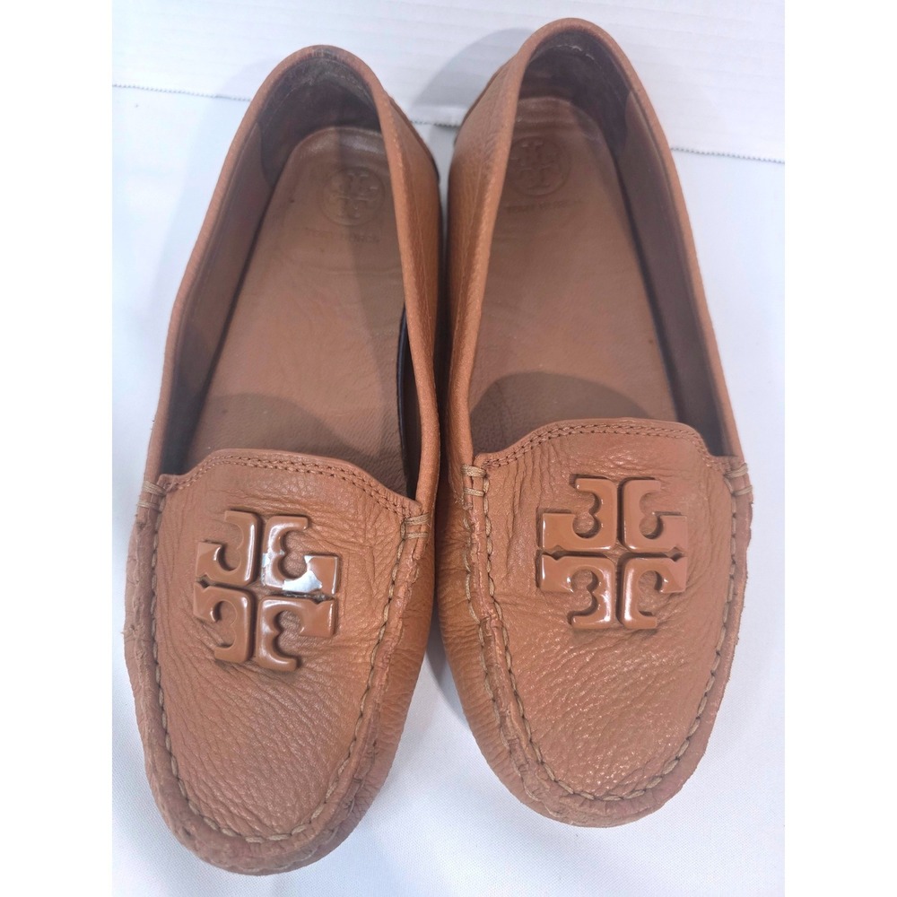 Tory Burch Ines Brown Pebbled Leather Logo Loafers Flats Tan 6.5